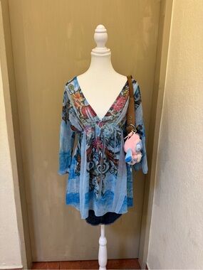 Daniel Benjamin Blue Sheer Boho Tunic Top Floral Butterfly Bell Sleeve Festival